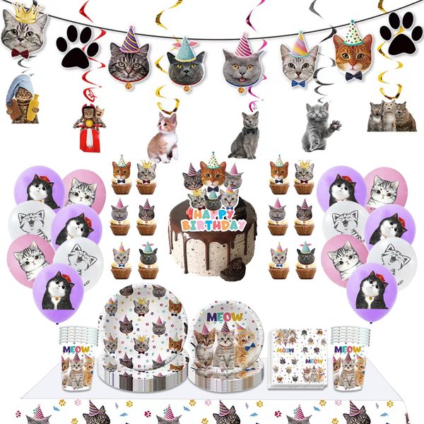 Nicime Cat Birthday Party Decoration Set, Lovely Cute Happy Birthday Party Supplies with Banner, Balloon, Hanging Swirl, Tablecloth, Plate, Paper Cup, Paper Towel, Cake Topper, Cupcake Topper