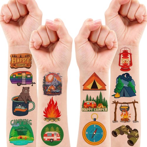 107 PCS Fire Camp Camping Temporary Tattoos Sticker Camping Birthday Party Decorations Favors Supplies Decor Gifts Boys Girls Baby Shower Men Women Cute Fake Tattoo School Prizes Carnival Themed