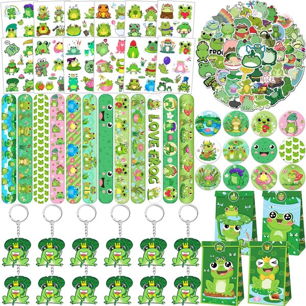 Lcnjscgo 110 PCS Frog Party Favors, Frog Temporary Tattoos Slap Bracelets Keychains Stickers Badges Gift Bags for Frog Birthday Party Decorations Supplies Gifts for Kids Classroom Rewards Baby Shower