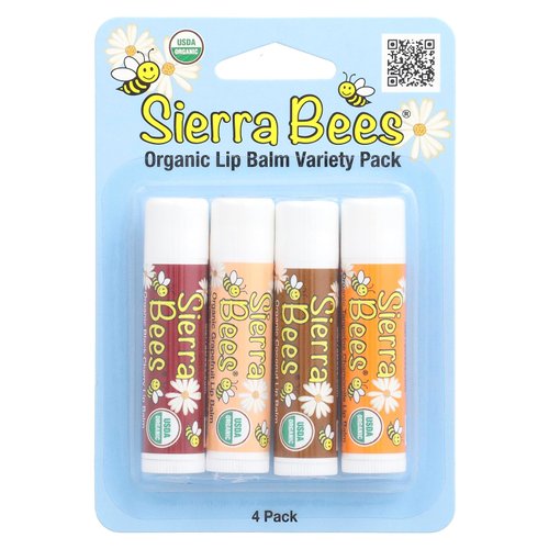 Organic Lip Balm by Sierra Bees - Moisturizing Balm for Chapped Lips - Featuring Sustainably Sourced Beeswax, Olive Oil, Sunflower Oil, & Vitamin E - Cruelty Free, Non-GMO - Variety 4 Pack