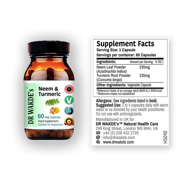 DR WAKDE'S Neem & Turmeric Capsules | 60 Veg Caps | Ayurvedic Supplement | Vegan | 100% Herbal | Quantity Discounts | Same Day Dispatch