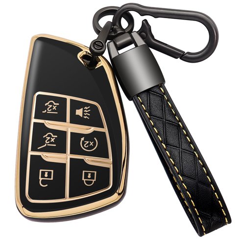 Kespevn for Chevy Key Fob Cover with Keychain Soft TPU Key Case Shell Holder Fits for 2021 2022 2023 Chevrolet Suburban Tahoe Silverado 1500, for GMC Yukon Sierra, for Buick Encore 6 Button (A Black)