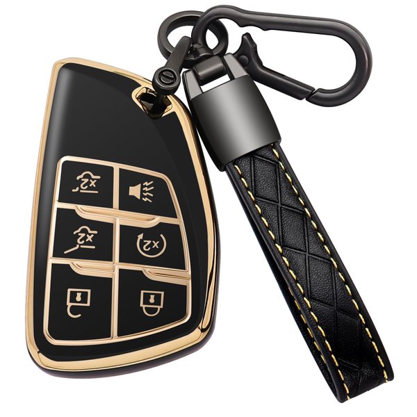 Kespevn for Chevy Key Fob Cover with Keychain Soft TPU Key Case Shell Holder Fits for 2021 2022 2023 Chevrolet Suburban Tahoe Silverado 1500, for GMC Yukon Sierra, for Buick Encore 6 Button (A Black)