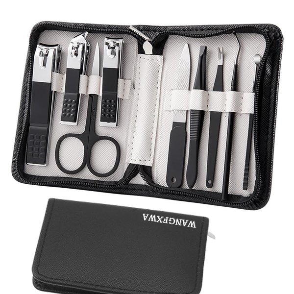 WANGFXWA Mens Nail Grooming kit Manicure Set Clippers Cleaning Set And Pedicure Kit Travel Nail Kit Black 9-Piece Set Tweezer File Trimmer Cutter Adult Fingernail Nail Care Kit For Women