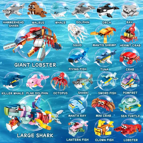 Bupduq Party Favors Kids Building Blocks Sea Animals 24 Packs Pool Party Favors Building Set for Birthday, Goodie Bag Stuffers, Classroom Prizes, Easter for Boys and Girls Ages 6-12