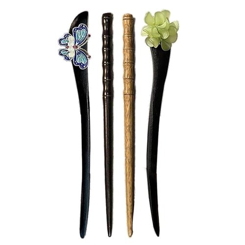 Set of 4 Hair Sticks for Buns, Chinese Hair Chopsticks for Women, Elegant Wooden Hair Accessories, Bows, Bamboo Knots, Green Flowers