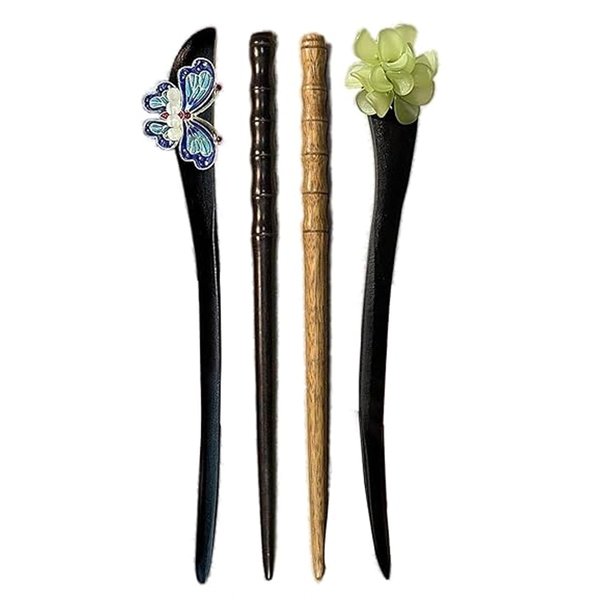 Set of 4 Hair Sticks for Buns, Chinese Hair Chopsticks for Women, Elegant Wooden Hair Accessories, Bows, Bamboo Knots, Green Flowers