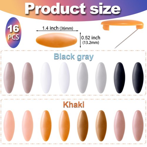 HINZIC 16Pcs Hijab Pins, Muslim Brooch Pins Scarf Pins Clips Assorted Scarf Safety Pins Safety Locking Baby Cloth Nappy Pin for Women Muslim Scarf Clothing, Black,Grey and Khaki