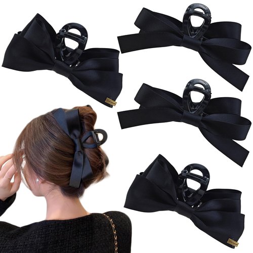 4 PACK Bow Claw Clip, Silky Satin Hair Bow Clips Black Hair Bow Hair Clips, Non-Slip Hair Styling Accessories for Thin Thick Curly Hair