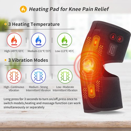 Heated Knee Pad with Massager - Heated Knee Brace Wrap, Knee Heating Pad for Arthritis, Knee Pain, Osteoarthritis, Meniscus Tear, Heating Pad for Knee for Men or Women(Singel)
