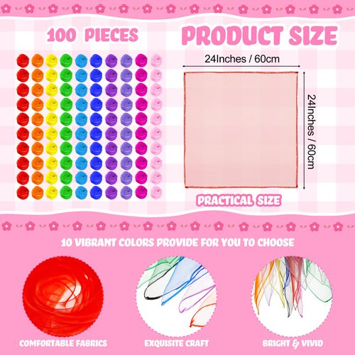 Toulite 100 Pcs Square Dance Scarves Bulk Juggling Scarves Play Silks Scarves 24 x 24 Inches Dancing Scarves Performance Props Accessories Scarves for Boys Girls, 10 Colors