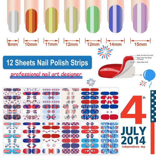 DANNEASY 12 Sheets Independence Day Nail Wraps 4th of July Nail Polish Strips Self-Adhesive Nail Polish Stickers Gel Fingernail Sticker Nails for Women with Nail File, Cuticle Stick