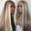 QDBOWIN QUEEN HAIR 13x4 Highlight Ash Blonde Lace Front Wig Ombre Brown Mixed Blonde Long Straight Glueless Synthetic Lace Front Wigs for Women 150 Density 24 Inches