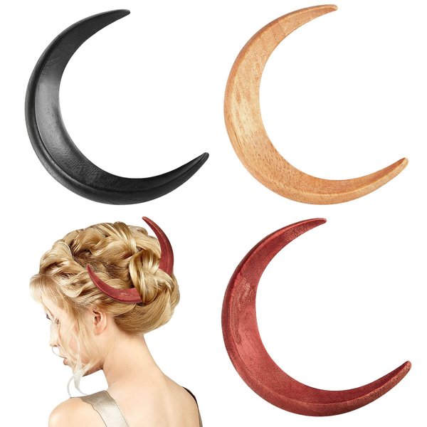 3 Pcs Moon Hair Fork / Hairpin for Women 5.12'' Moon Hair Stick Hand Carved Thin Long Hair Clip/ Accessories, Wooden Barrettes Lightweight Hair Styling Tool (Red, Black and Wood Color)