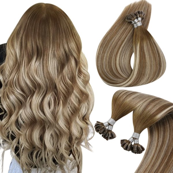 Sunny U Tip Real Hair Extensions Balayage Blonde U Tip Human Hair Extensions Keratin Hair Extensions Balayage Medium Brown to Platinum Blonde with Highlight U Tips Natural Hair Extensions 24inch 50G
