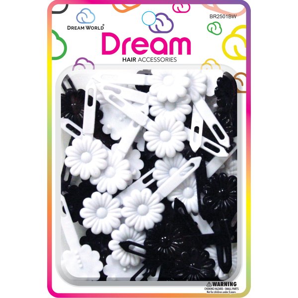 Dream World Self Hinge Barrette Daisy Black & White Mix 60 Piece Pack