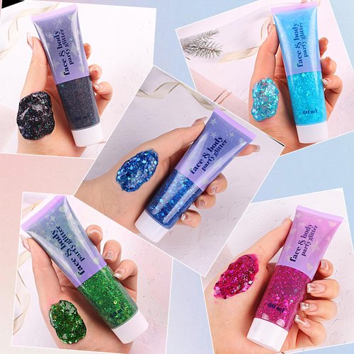 ANGXILIN High Capacity 60ML Chunky and Fine Mixed Face Body Glitter with Gel for Singer Concerts Rave Party Makeup,Quick Dry Long Lasting Holographic Iridescent Sequins Glitter Gel (Blue New)