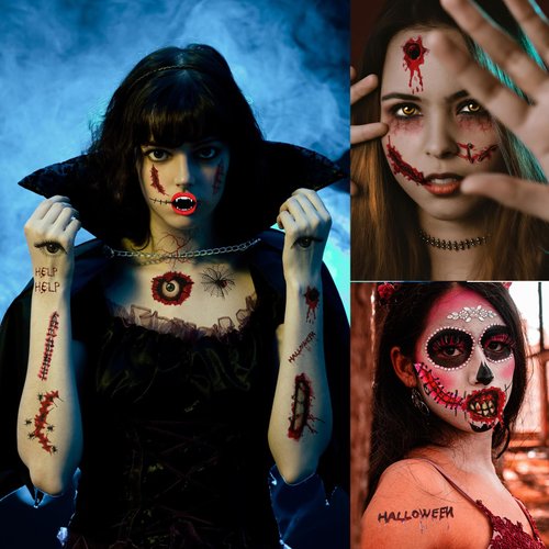 toututu 114 Pcs Halloween Makeup Fake Scars Temporary Tattoos, Body Face Fake Blood Scar Tattto, Realistic Stitches Wound Temp Stickers for Zombie Makeup Chucky Vampire Cosume Prank Cosplay Women Men