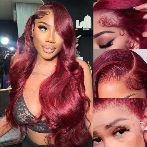 oisiyu 99j Burgundy Lace Front Wigs Human Hair 99J 13X6 HD Transparent Body Wave Lace Frontal Wigs 180% Density Glueless Pre Plucked with Baby Hair Wigs for Women Super Soft 26Inch