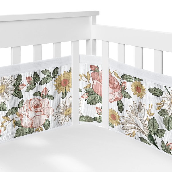 Sweet Jojo Designs + BreathableBaby Blush Pink Yellow Vintage Floral Boho Girl Breathable Mesh Crib Liner Anti-Bumper Baby Infant Bohemian Shabby Chic Daisy Flower Farmhouse Wildflower Leaf Sage Green