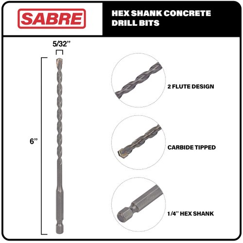 Sabre Tools 5/32 Inch x 6 Inch Masonry Drill Bit, Carbide Tipped 10-Pack for Concrete, Brick, Stone, 1/4” Hex Shank, Impact Performance (5/32" x 6", 10)