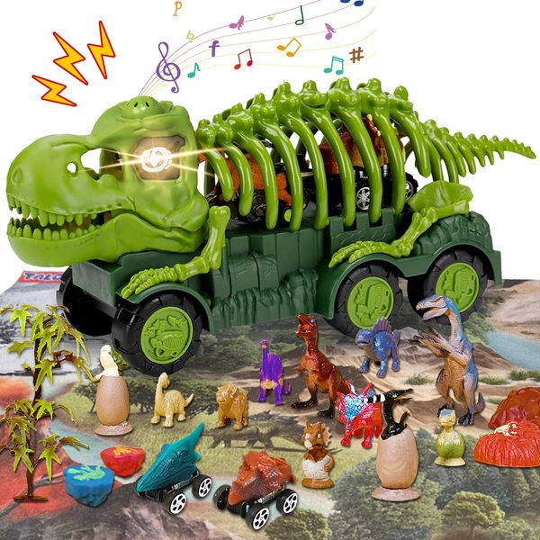 TALGIC Dinosaur Truck Playset with Light and Sound, 8 Dino Figures and Activity Mat for Boys 3-5 Years, Includes Trees, Eggs, Monster Truck Toy for Kids' Pretend Play, Popular Easter Gift for Kids
