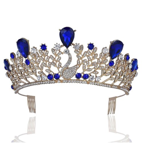 Janefashions Swan Royal Blue Austrian Crystal Rhinestone Tiara Crown With Hair Combs T897