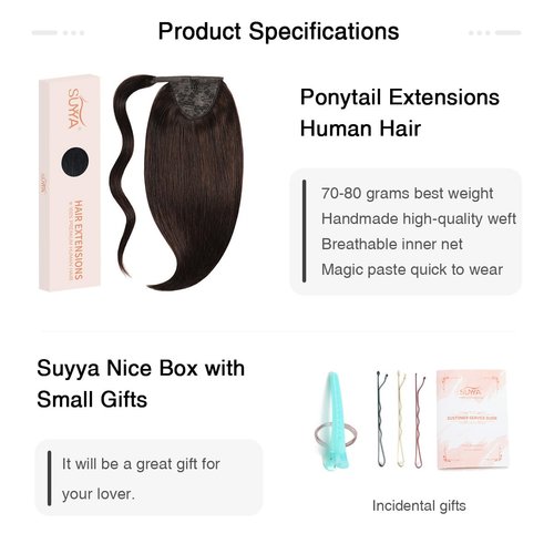 SUYYA Human Hair Ponytail Wrap Around Clip in Hair Piece Ponytail Extension Human Hair Straight Ponytail Hair Extensions with Magic Paste 70G 14 Inch #2 Darkest Brown