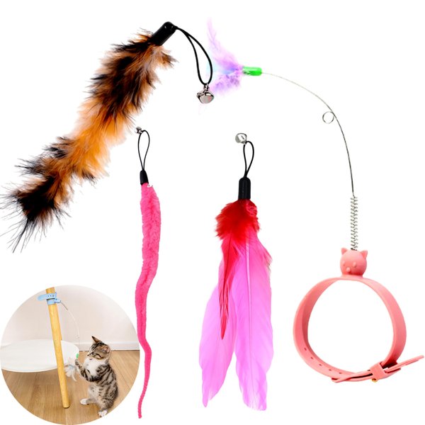 Silicone Bell Feather Cat Collar Toy With 3 Funny Replacement Refill, Adjustable Bell Feather Collars Toys, Interactive Cats Toys For Indoor Kitten, Energy Cat Toy With Bell For Exercise (Pink)