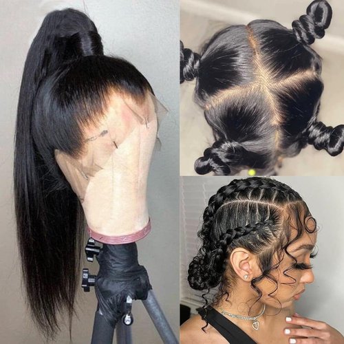 MOMOSHERO 12A Straight Whole Full HD Lace Human Hair Wigs 180% Density 16 Inch, Breathable Gluless Real Full Lace Wigs Human Hair Pre Plucked Part Anywhere 100% Handmade Invisible Full Scalp Lace Wig