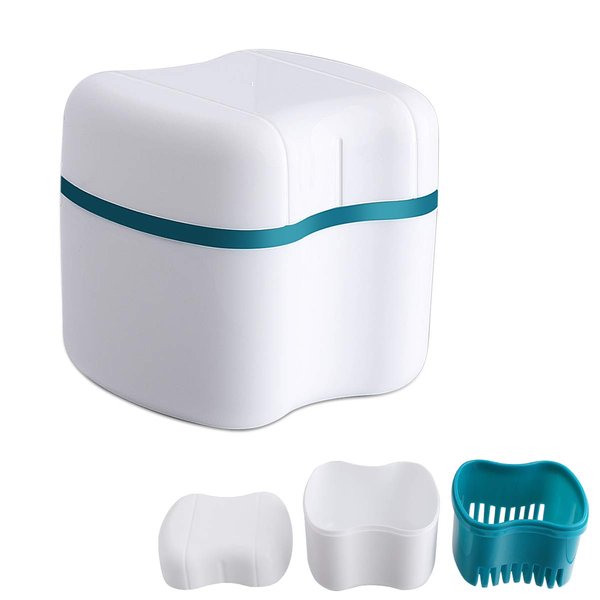 Denture Bath Case with Basket Denture Bath Cleaning Box Container Soaking Cup Cleaner Retainer Case Holder for Dentures for False Teeth (B)