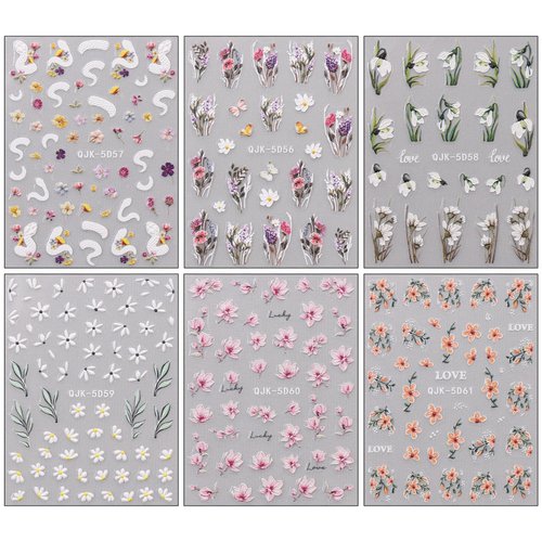 JMEOWIO 6 Sheets 3D Embossed Spring Flower Nail Art Stickers Decals Self-Adhesive Pegatinas Uñas 5D Colorful Summer Floral Lavender Nail Supplies Nail Art Design Decoration Accessories