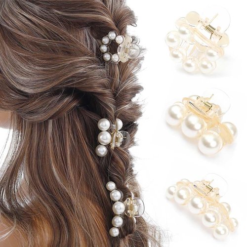 CAKURE Pearl Hair Claw Clips Champagne Hair Clips Small Non Slip Hair Jaw Clamps Pearl Hair Accessories for Women and Girls (3 PCS)