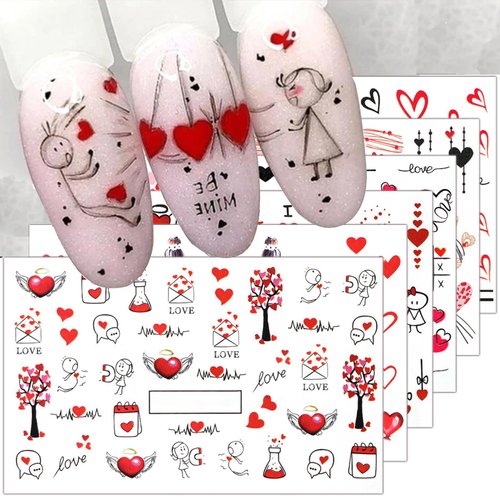 Romantic Heart Nail Stickers Valentines Day Water Transfer Nail Art Stickers for Nail Designs Valentine Nail Decals for Nail Art Supplies Cartoon Love Heart Sticker Nails for Women Nail Decorations