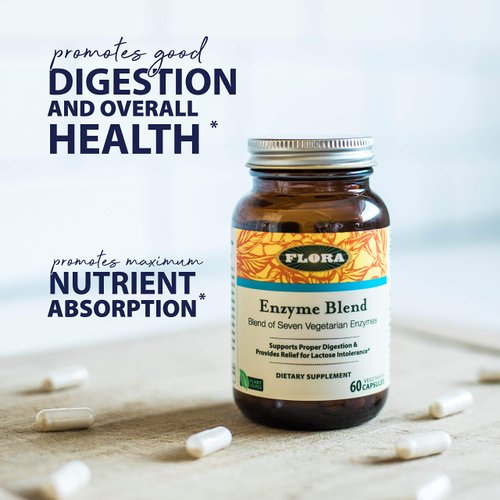 Flora - Enzyme Blend of Seven Vegetarian Enzymes, Supports Optimal Digestion of Proteins, Fast, Carbs, Fiber and Complex Sugars, Provides Relief from Lactose Intolerance, 60 Vegetarian Capsules