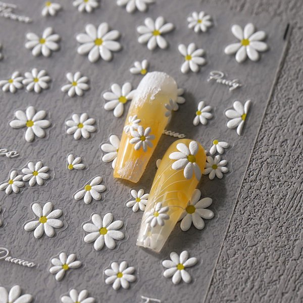 5D Embossed Flower Nail Stickers Flower Nail Art Stickers Daisy Design Nail Decals Self-Adhesive Nail Art Supplies Summer Floral Sticker for Nail Decoration Accessories