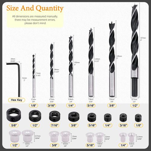 Rustark 23 Pcs Wood Drill Bit Set with Dowel Pins Center Point and Stopper, Woodworking Brad Point Bit Set Plugs Drill Hole Tool Perfect for Woodworking Carpentry Drilling