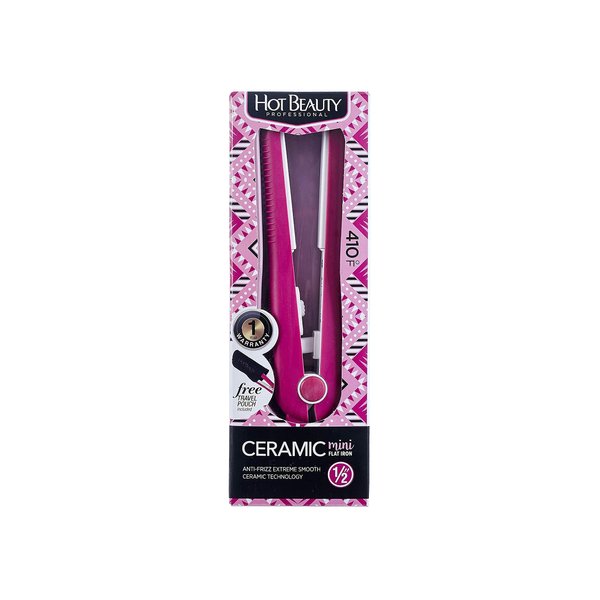 Hot Beauty Professional Ceramic Mini Flat Iron 1/2", Anti-Frizz, Fast Heating, Versatile Styling for Curly & Straight Hair, Ideal for Traveling with Travel Pouch (Pink)