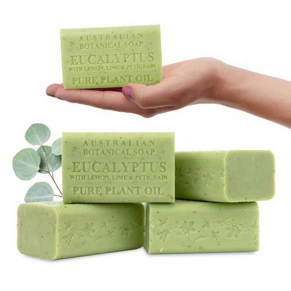 Australian Botanical Soap, Eucalyptus with Lemon, Lime, and Petitgrain 6.6 oz. (187 g) Soap Bars | Natural Ingredient Bar Soap | All Skin Types | Women & Men | Shea Butter Enriched - Pack of 4
