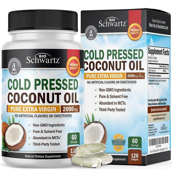 Coconut Oil Capsules 2000mg - Organic Pure Extra Virgin Unrefined Cold Pressed MCT Rich & Non-GMO for Healthy Skin Nails Hair Growth Support Bloating Anti Aging Digestion - 120ct (2 Month Supply)