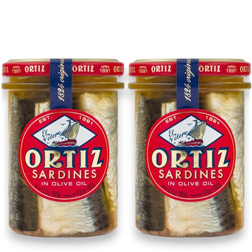 Ortiz Sardines in Olive Oil, 6.7 oz. Jar 2 Pack | Spanish Old Style Sardines ‘A la Antigua', Skin On | Sardines in Olive Oil, Wild Caught [6.7 oz. Each]