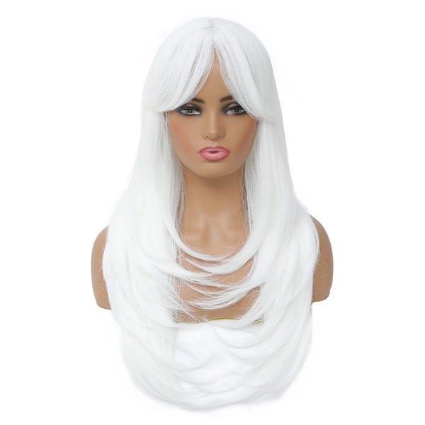 SWACC Long Layered Straight Wig with Bangs Synthetic Hair Wig for Women with Wig Cap (White)