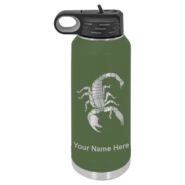 LaserGram 40oz Double Wall Flip Top Water Bottle With Straw, Scorpion, Personalized Engraving Included (Camo Green)