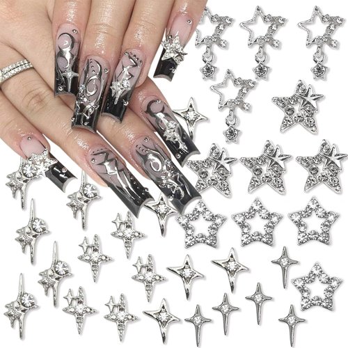 32Pcs Star Nail Charms 3D Silver Nail Charms Rhinestones for Acrylic Nails Designs Star Nail Gems Starlight Nail Jewels Shiny Crystal Nail Art Supplies for Women Girls DIY Manicure Charms Accessories