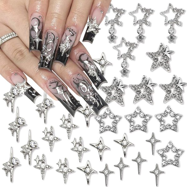 32Pcs Star Nail Charms 3D Silver Nail Charms Rhinestones for Acrylic Nails Designs Star Nail Gems Starlight Nail Jewels Shiny Crystal Nail Art Supplies for Women Girls DIY Manicure Charms Accessories
