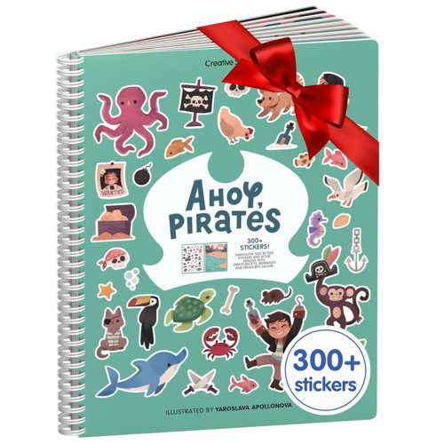 Cupkin Pirate Sticker Book Activity for Kids, Toddler Airplane Travel Essentials, 300+ Pirate Stickers for Kids + 8 Scenes + 8 Coloring Book Pages, Gift for Boys and Girls, Small Sticker Book