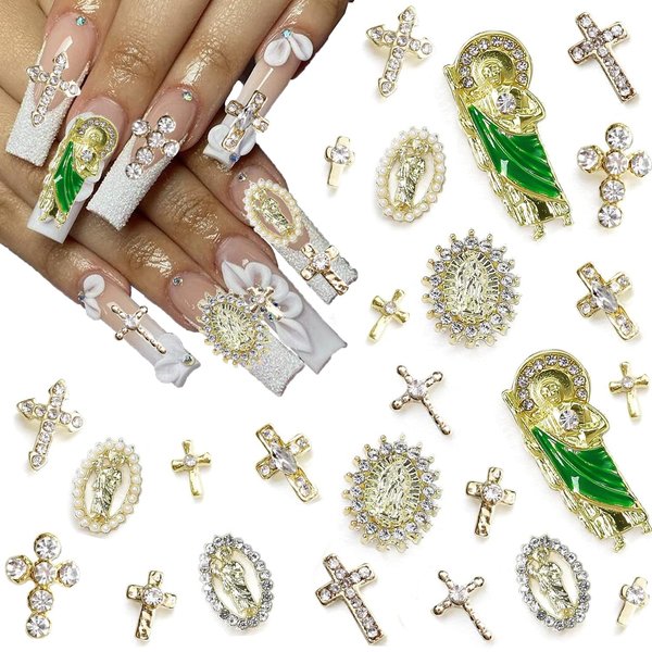 LIFOOST 3D Cross Nail Rhinestones Charms San Judas Tadeo Virgin Mary Nail Charms for Acrylic Nails 24 Pcs Gold Nail Art Jewels Accessories Metal Shiny Alloy Crystals Gems DIY Supplies Decorations Set