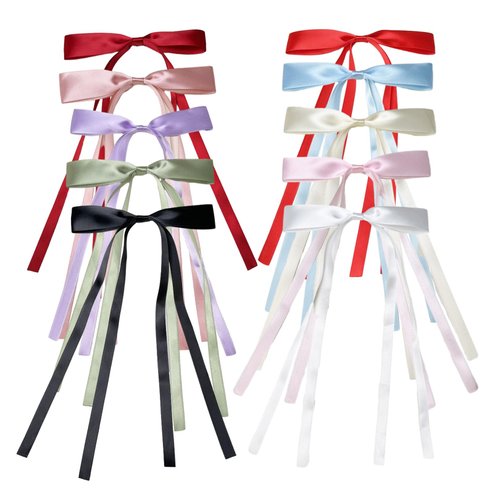 10 Pcs Tassel Hair Bow Clips for Women, Ribbon Barrettes and Metal Bows, Girls Long Ribbons Clip, Bowknot Tail Claw, Girl Cute Satin Charms, Thick Thin Barrette Mixed Colorful