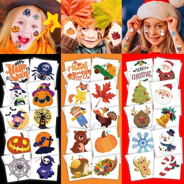 winthrop 360 Pcs Holiday Temporary Tattoos for Kids, Halloween&Thanksgiving&Christmas Individually Wrapped Waterproof Safety Tattoos, Best Choice for Trick or Treat and Fall Winter Gifts, 120 Designs