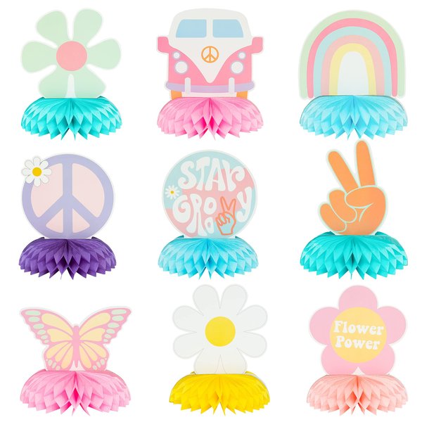 ANGOLIO Groovy Hippie Party Honeycomb - 9P Hippie Boho Centerpieces for Party Supplies Birthday Party Decor Rainbow Daisy Flower Butterfly Peace Theme Decor Table Topper Baby Shower Decor for Boy Girl